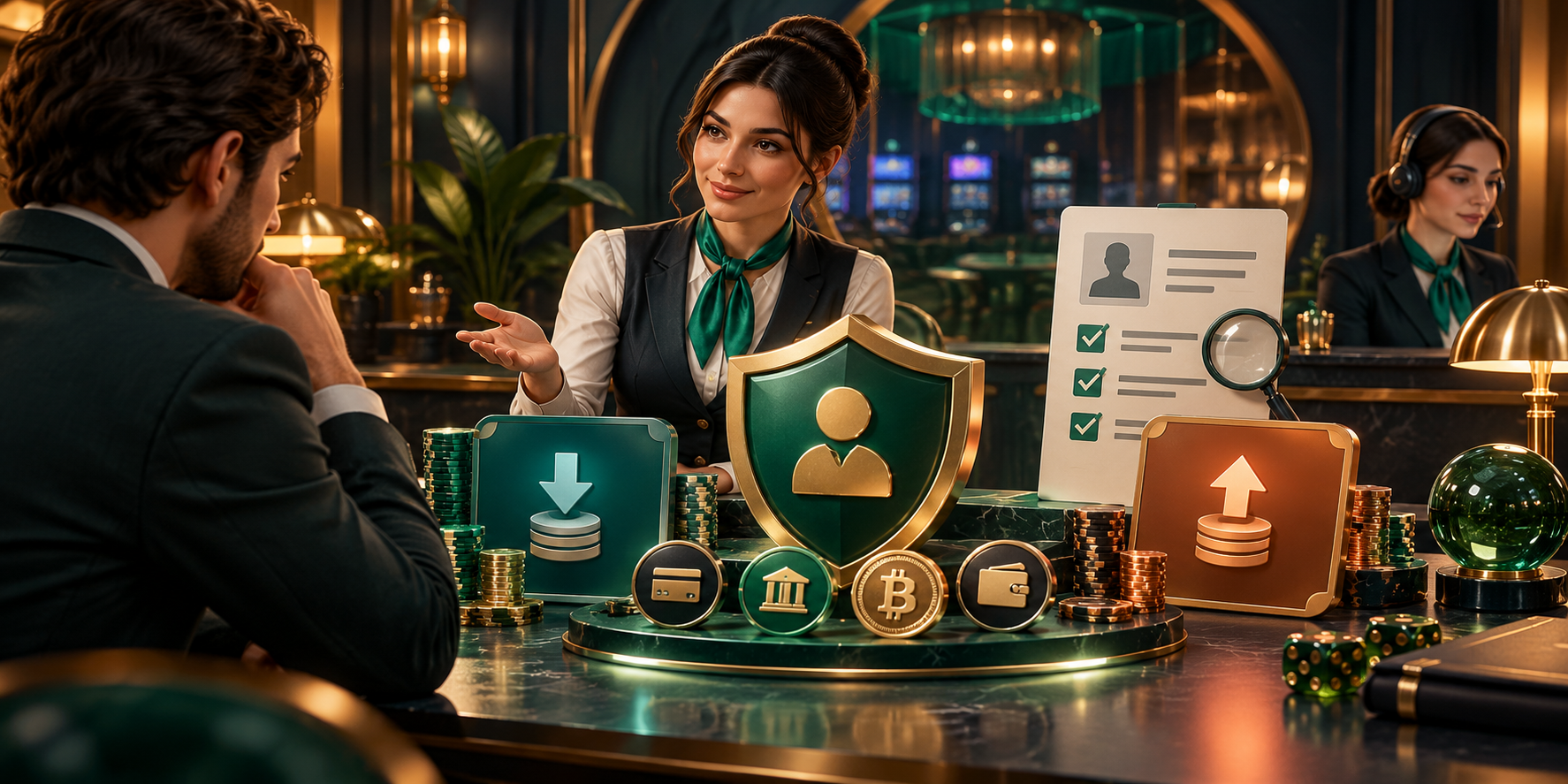 Casino cashier with payment routes, shield and verification checklist